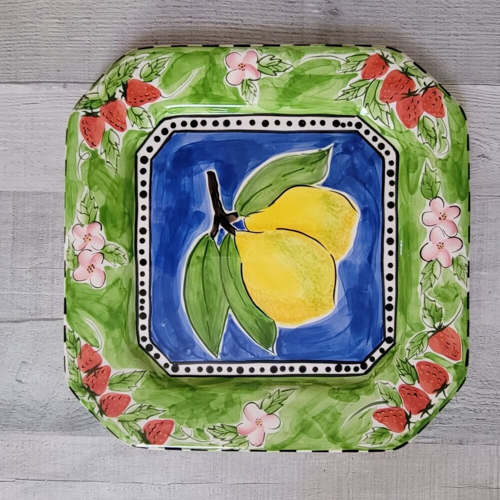 Hand-Painted Ceramic Square Plate With Lemon & Strawberry Design By S. Purifoy